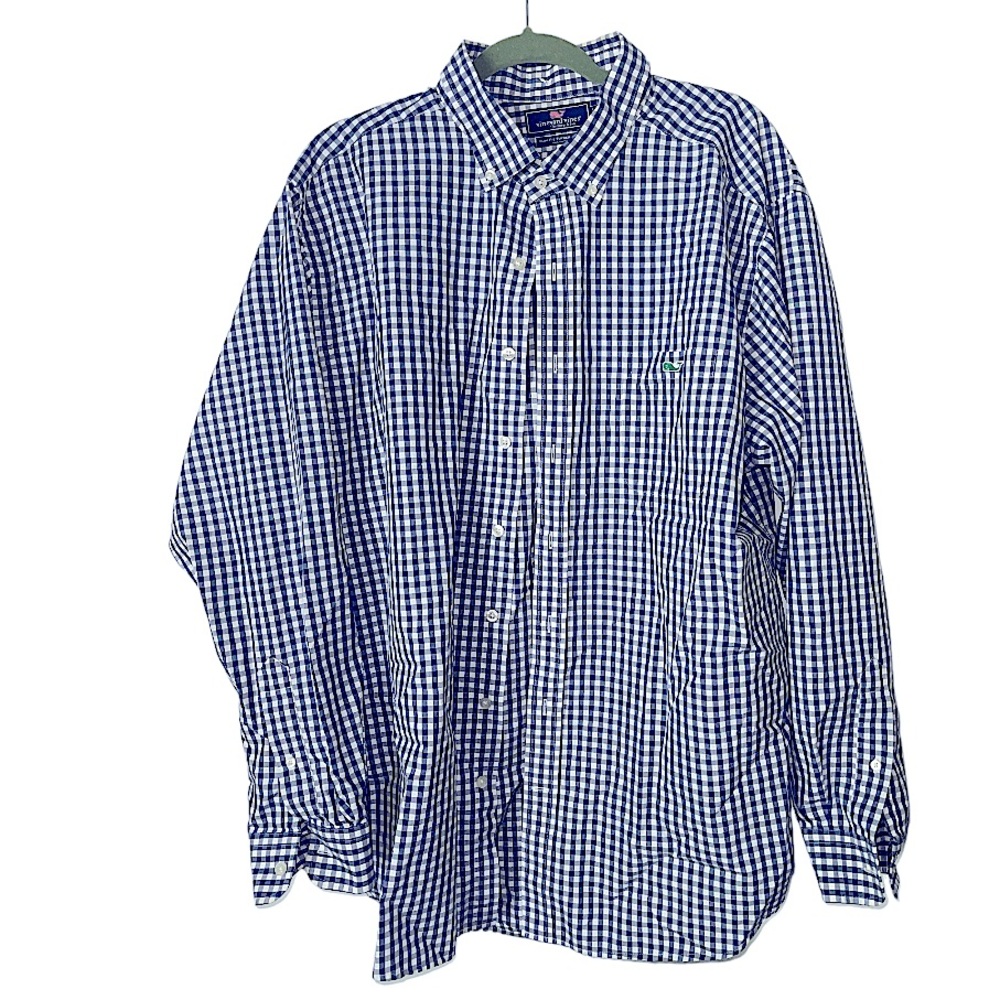 Vineyard Vines 100% Cotton Blue White Gingham Slim Fit Tucker‎ Shirt XXL